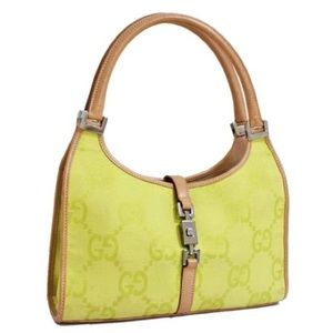 SOLD - GUCCI Tan Leather Green Canvas Hobo Bag
